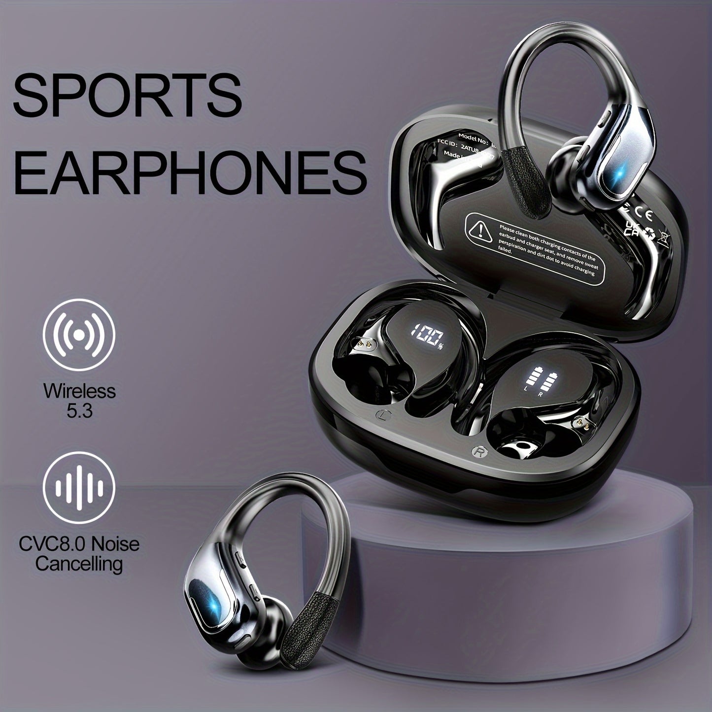 Wireless Sports Earbuds - Headphones & Earbuds with Earhooks, Pure Bass Sound, Over-Ear Design, Dual-LED Display, Built-in Microphone, Noise Cancelling Technology, and Sweat-Resistant for Running and Fitness Enthusiasts