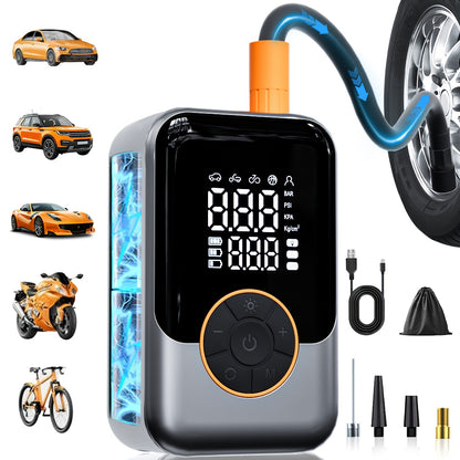 Portable wireless air pump with digital pressure gauge, built-in LED light and automatic pressure maintenance design, one-key smart air compressor, high-tech USB air compressor for cars, motorcycles, bicycles and sports equip